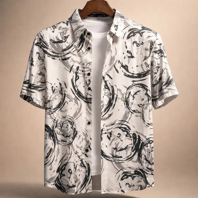 محصول فوق لوکس مستر کوالیتی|پیراهن طرح هاوایی سفید نخی ضد چروک با پارچه فوق استثنایی کد۲