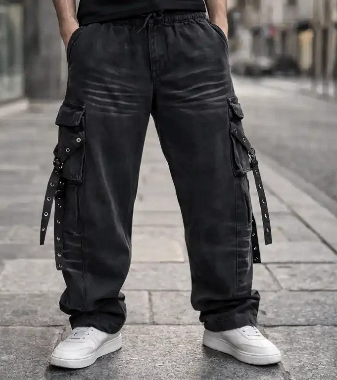 محصول فوق لوکس#شلوار جین فول بگ مشکی (Wide Leg) با جزییات بندی کارگو فوقالعاده خفن| استایل لش استریت ۲۰۲۶ کد9702