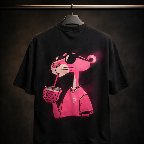 تیشرت باکسی لش مشکی پلنگ صورتی پارچه نخ پنبه با چاپ داغی و تضمین کیفیت