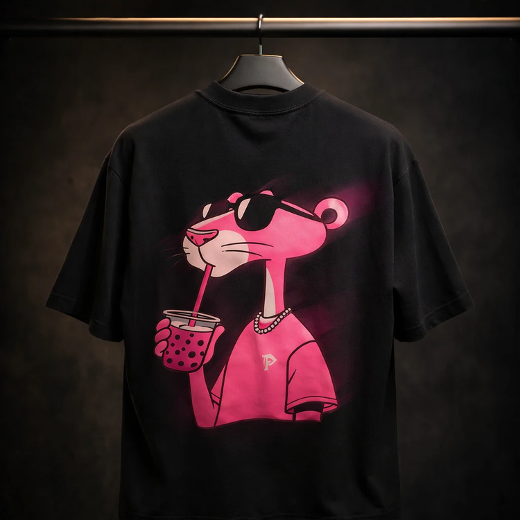 تیشرت باکسی لش مشکی پلنگ صورتی پارچه نخ پنبه با چاپ داغی و تضمین کیفیت