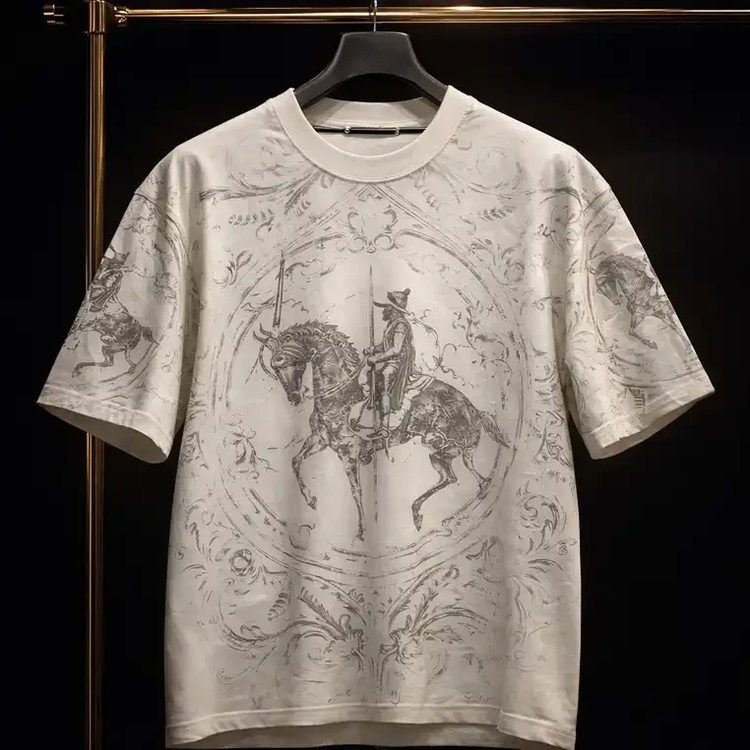 مسترکوالیتی|تیشرت سفیدخاکستری با طراحی حماسی شوالیه تمام چاپ / فوقالعاده زیبا و خاص و با کیفیت