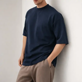 تیشرت دراپ لش دورس دو نخ رنگ سورمه ای | گرماژ بالا پارچه پنبه پنبه ماکان