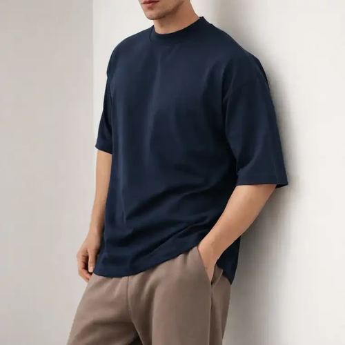 تیشرت دراپ لش دورس دو نخ رنگ سورمه ای | گرماژ بالا پارچه پنبه پنبه ماکان