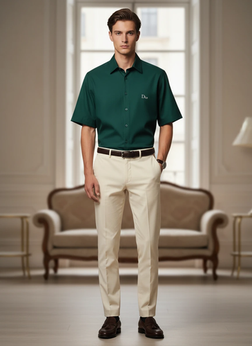 پیراهن پارچه مازراتی مردانه سبز کله غازی 💚 | قواره لش آستین سه ربع استایل ۲۰۲۶