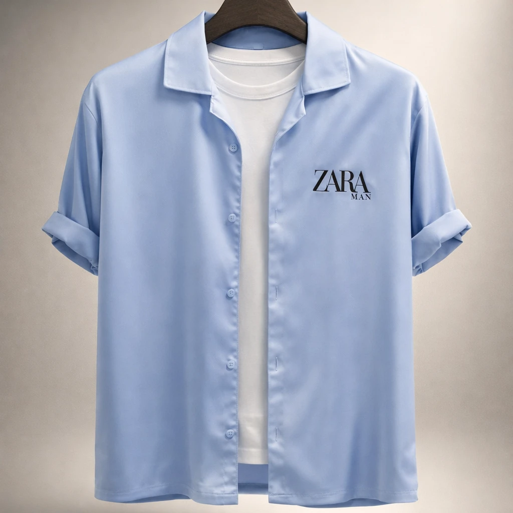 پیراهن لش پارچه مازراتی مردانه آبی آسمونی کد S42 | قواره لش آستین سه ربع استایل ۲۰۲۶