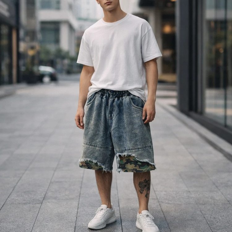 شلوارک جین رنگ خاص سرمه ای صابونی سنگشور با تیکه اسپرت چریکی| پارچه جین پنبه