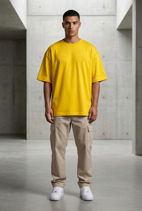 تیشرت بیسیک لش خردلی مردانه | پارچه دورس دو نخ لاکرا دار گرماژ بالا