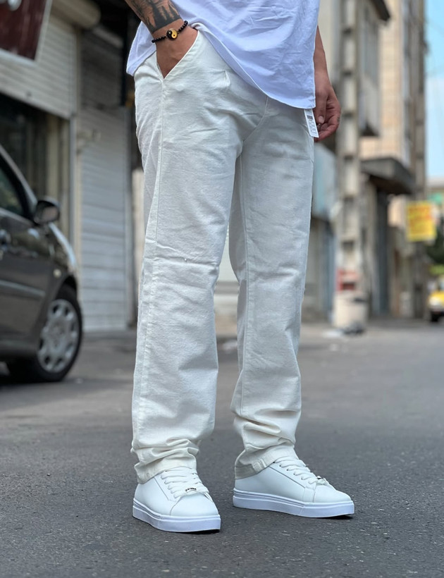 شلوار لینن فول بگ کرم استخوانی مردانه | کیفیت استثنایی قد ۱۱۰ سانت