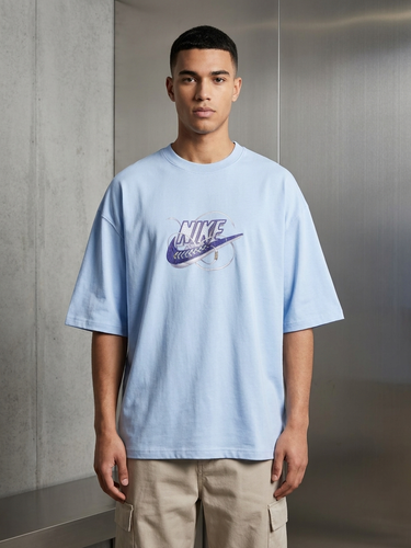 مسترکوالیتی|تیشرت پارچه ماکان آبی پاستیلی باکسی لش طرح کتونی