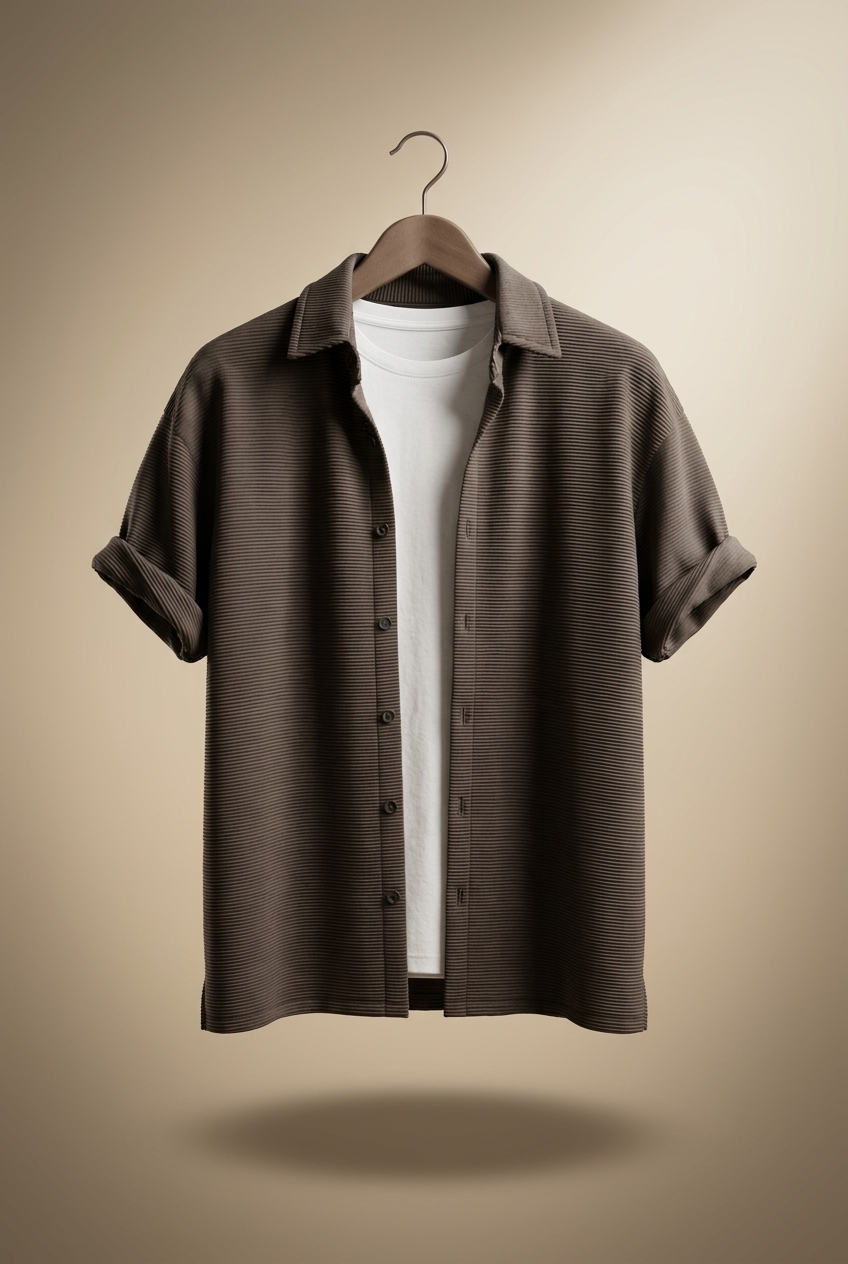 پیراهن یقه انگلیسی قهوه ای اسپرسو پارچه میله ای گرم بالا | استایل اولد مانی ۲۰۲۶