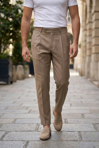 شلوار اسمارتفیت (Smart Tapered Fit) پلیسه دار رنگ بژ B65 پارچه بزیاق درجه یک