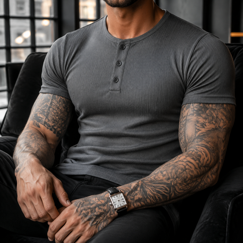 هنلی شرت طوسی ذغالی کبریتی فول کش اعلا سه دکمه / اورجینال دیلم