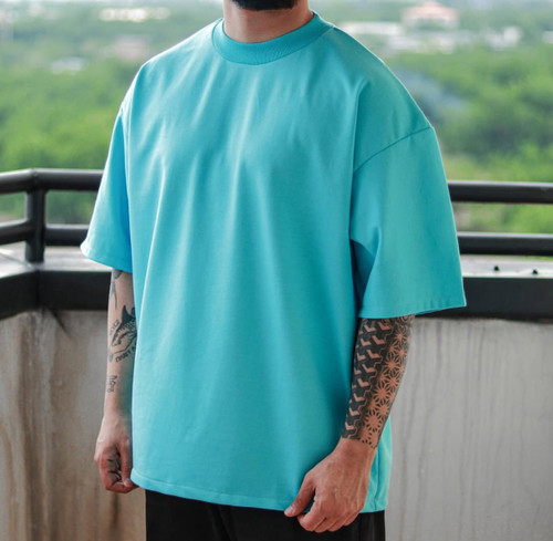 تیشرت باکسی لش بیسیک آبی فیروزه ای دورس دو نخ / اورجینال دیلم