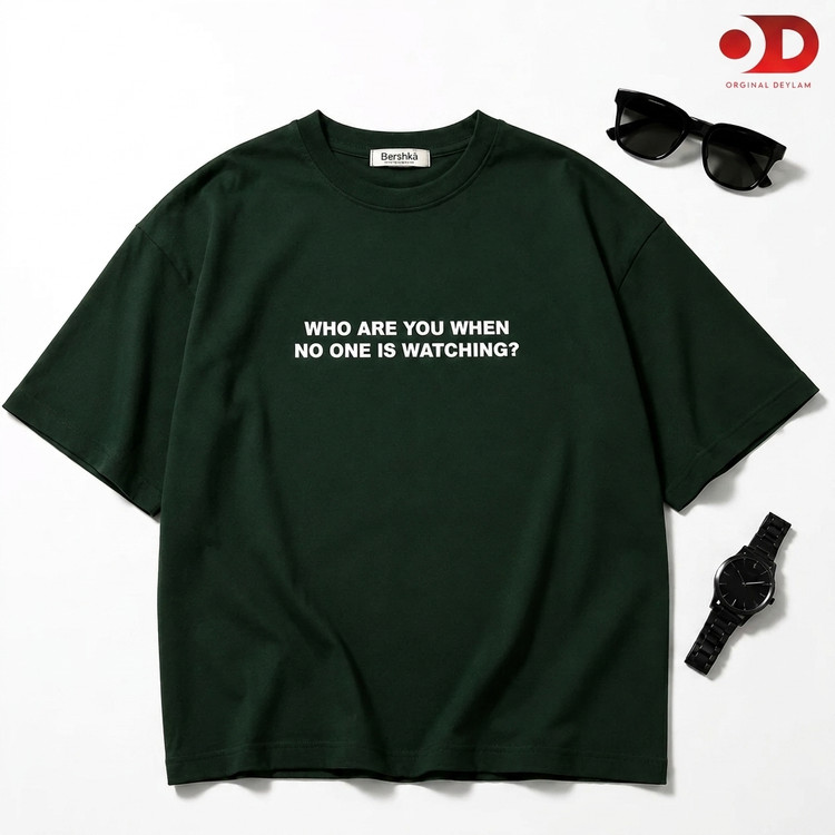 تیشرت لش باکسی مردانه طرح مینیمال رنگ سبز لجنی پارچه ماکان 2026 / اورجینال دیلم