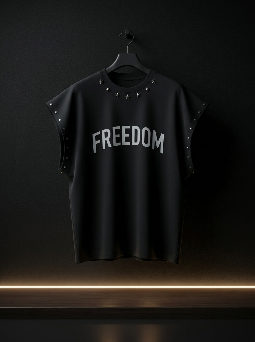 وست مشکی FREEDOM با پرچ فلزی سرشانه و دور سینه خفن | پنبه دو نخ