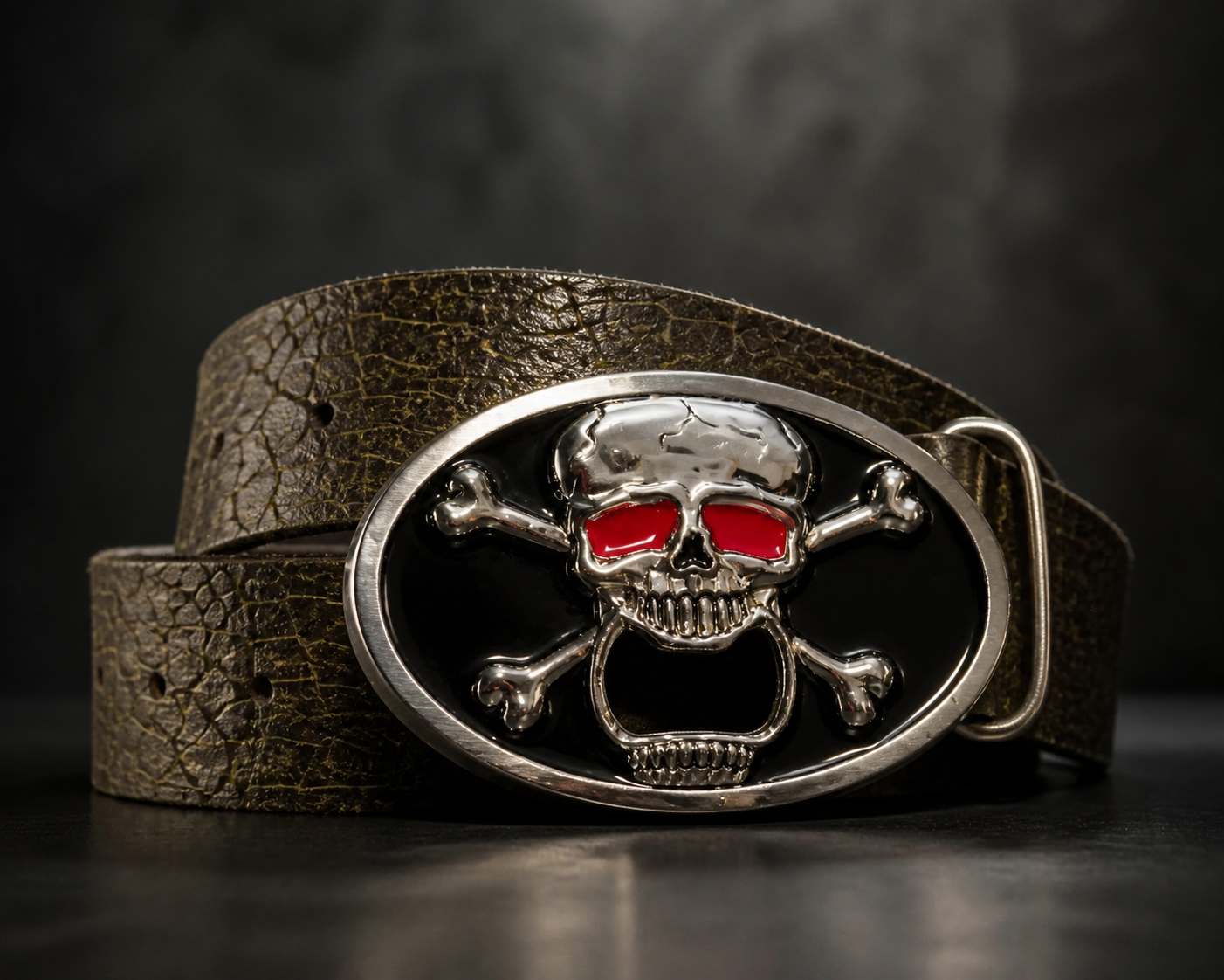کمربند طرح چرم Skull مردانه | سگک جمجمه سه‌بعدی | مناسب استایل‌های کژوال و بایکر