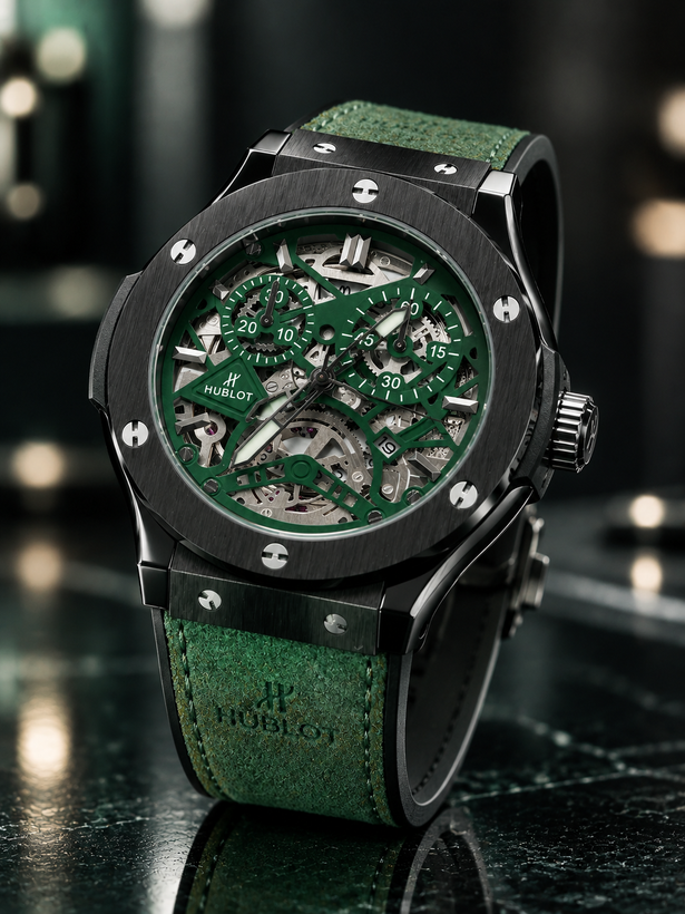 ساعت مچی مردانه هابلوت Hublot اسکلتون سبز یشمی | بدنه سرامیک مات