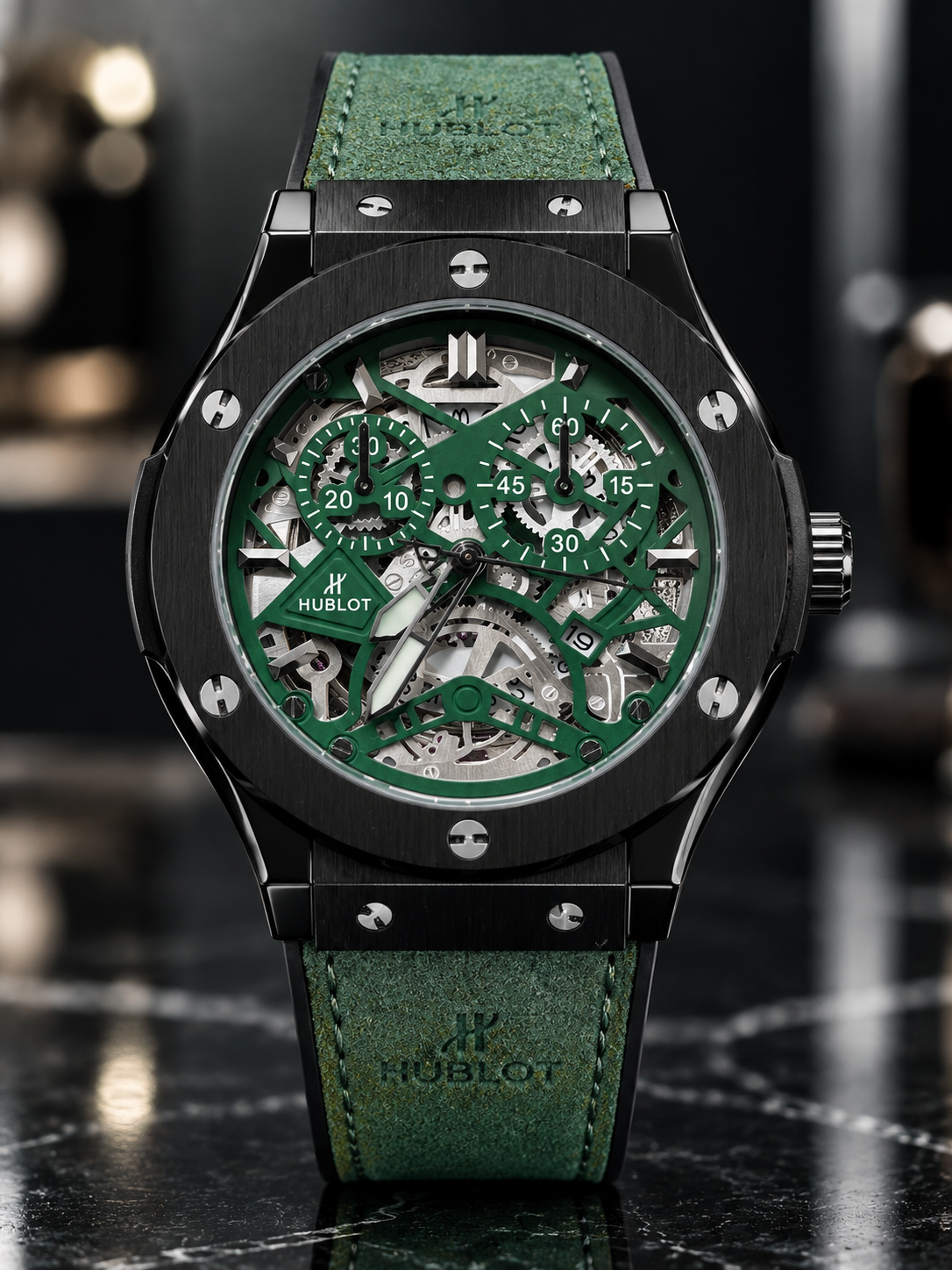ساعت مچی مردانه هابلوت Hublot اسکلتون سبز یشمی | بدنه سرامیک مات