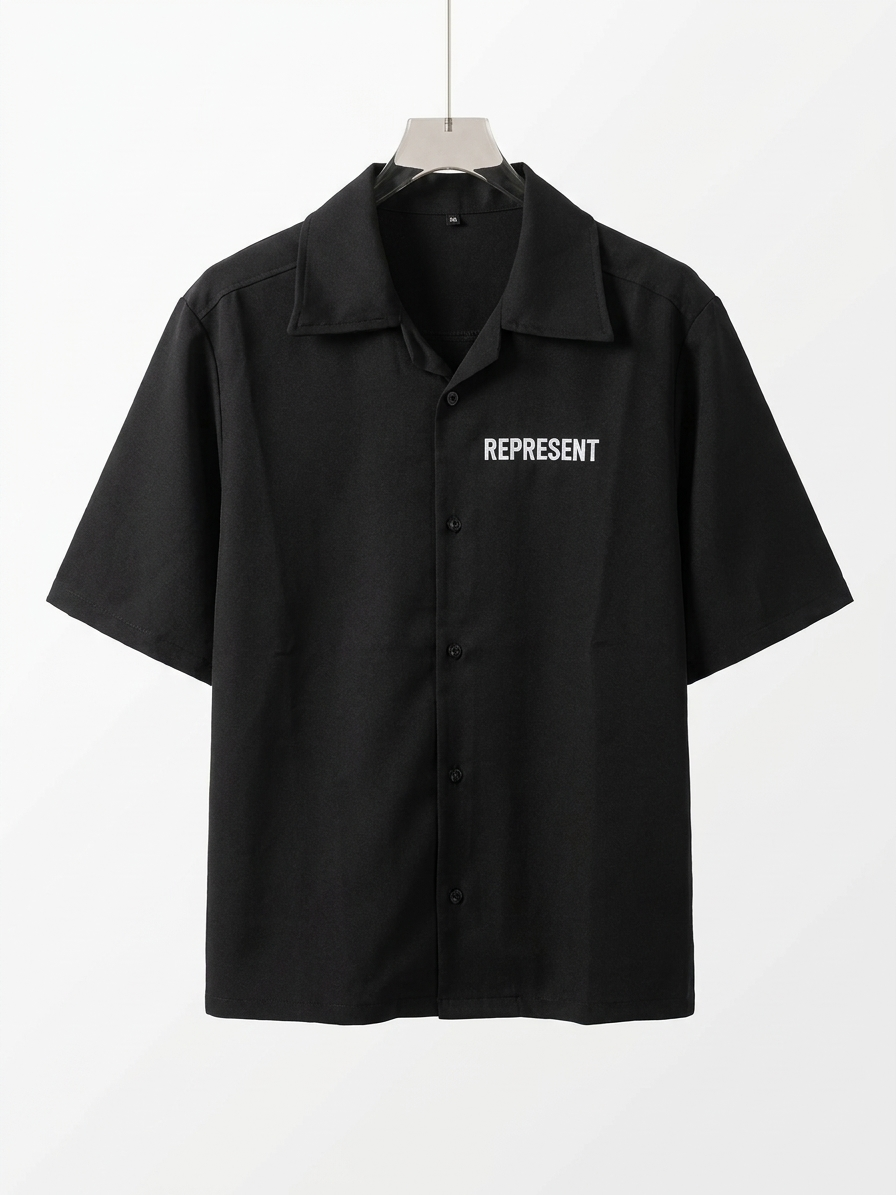 پیراهن مشکی مازراتی سه ربع لش باکسی با چاپ Represent/ اورجینال دیلم