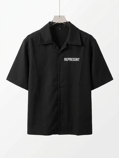 پیراهن مشکی مازراتی سه ربع لش باکسی با چاپ Represent/ اورجینال دیلم