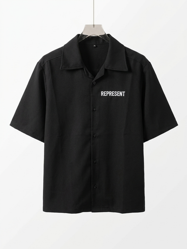 پیراهن مشکی مازراتی سه ربع لش باکسی با چاپ Represent/ اورجینال دیلم