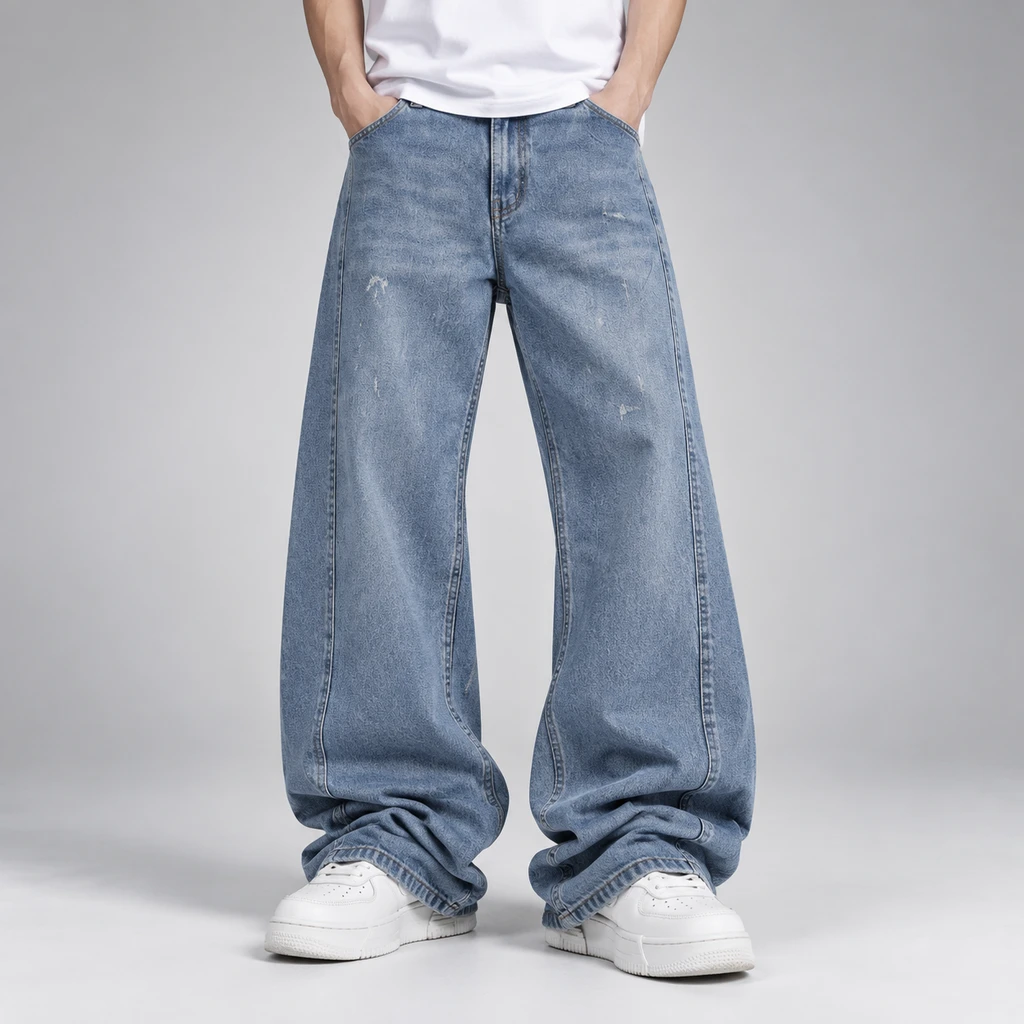 شلوار شافل (Shuffle Fit) ریزشی جین کد 51156 مستر کوالیتی ™ استکینگ و چین‌های چندلایه سنگین (Puddle Effect)