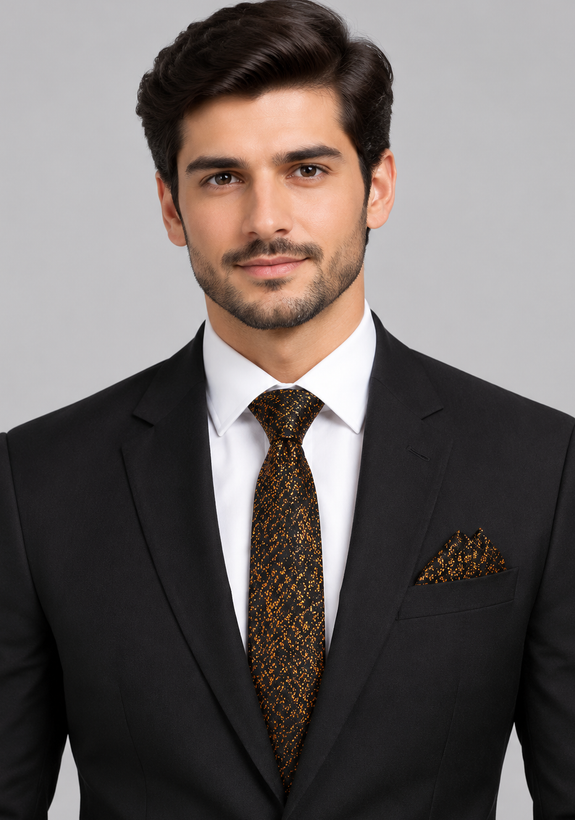 ست کراوات و پوشت مردانه مشکی با طرح طلایی؛ اکسسوری خاص برای استایل رسمی و مجلسی G5691 / اورجینال دیلم