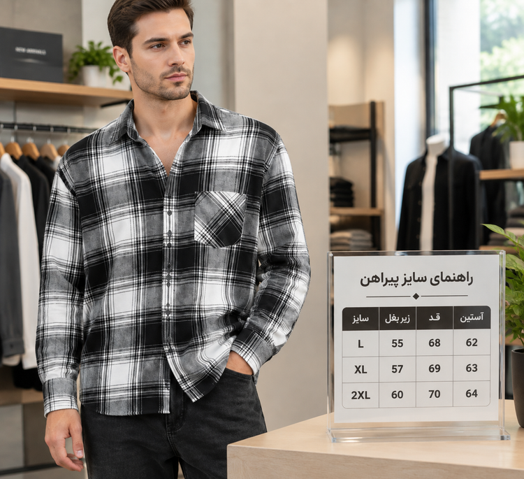 پیراهن لش باکسی چهارخانه سفید مشکی پشمی با کیفیت استثنایی کد M160 / اورجینال دیلم