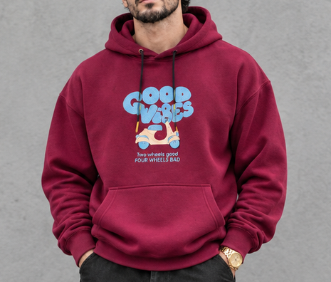هودی لش باکسی زرشکی طرح موتور Good vibes پنبه سه نخ ❤️ M3700 | اورجینال دیلم